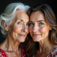 Amazing high resolution close-up photos of modern grandmother, elegance itself and adult beautiful granddaughter, contrast of faces of two generat