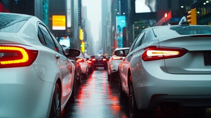 A line of cars are stuck in traffic on a rainy day in the city.