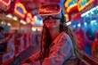 © dyshlivenko - The woman enjoys an immersive virtual reality experience in a vibrant arcade filled with glowing lights. Her excitement is evident as she explores the digital environment