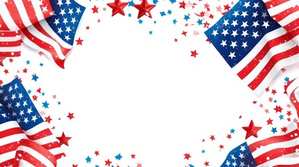 Patriotic holiday banner design with American flags, confetti stars, and a celebratory message.