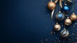 © Rick Cranches - Christmas and New Year minimalistic background. Golden and blue Glass Balls hanging on ribbon on Navy blue background with copy space for text. The concept of Christmas and New Year holidays