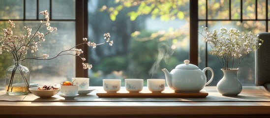 a traditional tea set with four cups, a teapot, and two vases with white flowers, set on a wooden ta