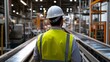 © aubriella - A detailed shot of a factory supervisor wearing a hard hat and safety vest, standing in front of a conveyor belt with moving products, Production line scene