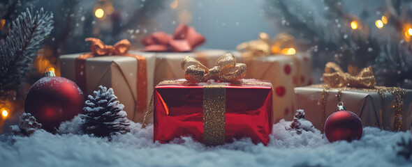 Wall Mural - festive christmas gift boxes with bows surrounded by snow, pinecones, and ornaments create warm holi