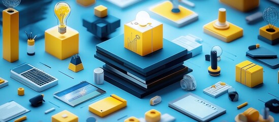 Poster - abstract 3d illustration of various objects like light bulbs, notebooks and a tablet on a blue backg