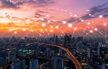 An abstract Bangkok city background with a wireless network and connection technology concept