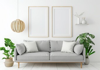 Minimalist living room interior with a grey sofa, two blank frames, a hanging wicker lamp, and plants