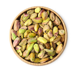 Sticker - Peeled pistachio nuts in bowl isolated on white, top view