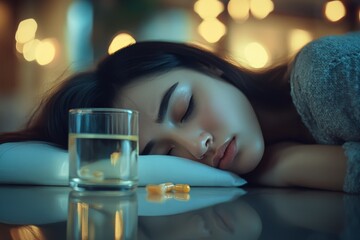 A woman peacefully resting beside a glass of water on a softly lit bedside table at night