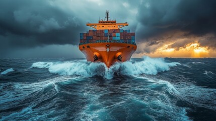 Aufkleber - A large cargo ship navigates through turbulent waters, surrounded by dark storm clouds and illuminated by a vibrant sunset, showcasing the challenges of shipping.