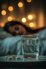 A glass of water and pills on a bedside table with a woman resting in a cozy room at night