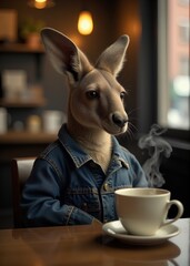 Wall Mural - Cute kangaroo wearing jean jacket, sitting by a table with a steamy coffee mug in the morning