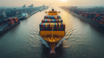 Aufkleber - The cargo ship moves through a bustling waterway, with a backdrop of containers and cranes bathed in warm sunset light. The scene captures maritime activity and commerce.