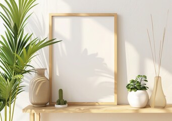 A blank picture frame on a wooden shelf with plants and vases, against a white wall. The frame is perfect for adding your own artwork or photography