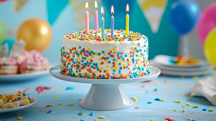 colorful birthday cake with lit candles stands on table, surrounded by festive decorations and balloons, creating joyful atmosphere