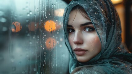 Sticker - A woman looks through a window covered in raindrops. AI.