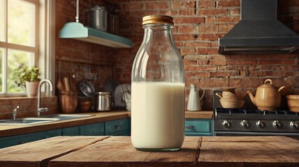 Mockup photo featuring a retro vintage glass bottle of milk on a kitchen table, with copy space for illustration or text.