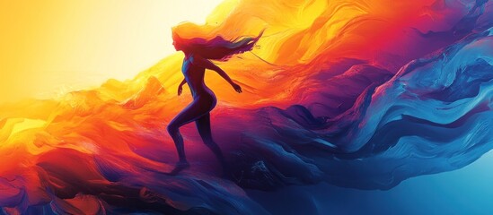 Poster - a silhouette of a woman running through vibrant, abstract waves of color.