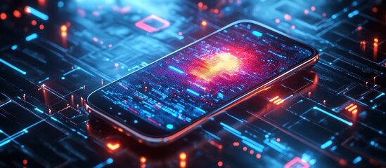 Wall Mural - a modern smartphone lies on a futuristic circuit board with glowing blue and red lines.