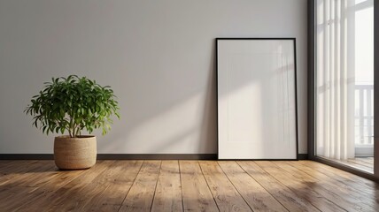 A plant on a wooden table against a white empty wall in a living room interior, providing copy space for furniture placement.