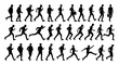 © YB14 - A Silhouettes set of boys people walking, jogging, and running in various poses, capturing motion and different stages of movement in casual clothing and carrying everyday items.