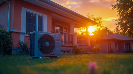 Modern air conditioner units on a building exterior at sunset, capturing energy efficiency and sustainable cooling solutions