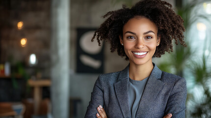 A woman with a smile on her face is wearing a business suit