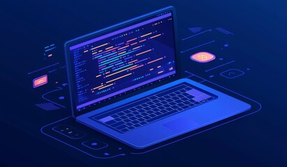Web development, programming, and software concept. Abstract programming language and code on a laptop screen. Laptop icons in a company network. Software development technology.