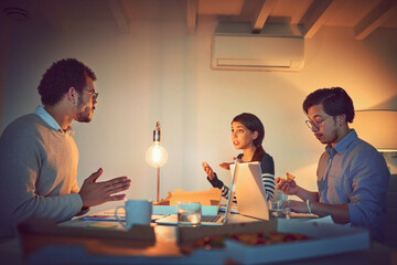 Leinwandbilder - Night, planning or designers talking in meeting for review, feedback or brainstorming in office. Late, laptop or creative business people on technology for overtime deadline or startup development