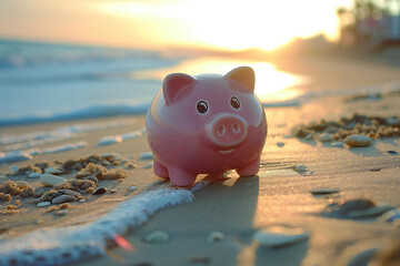 pink piggy bank enjoying a vacation at the beach, soaking up the sun and saving for retirement in style.