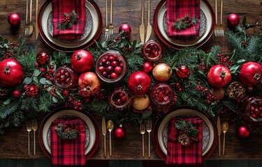 Festive table setting with red apples, plaid napkins, and pine garland for a cozy holiday celebration.