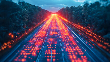 Digital data streams represented as glowing light on a high-speed road through a forest, showcasing futuristic communication or transportation technologies