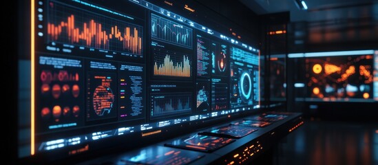 Wall Mural - futuristic control room with a wall of glowing screens displaying data and charts.