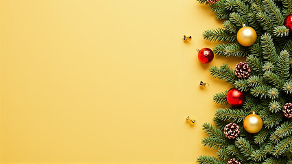 Festive Christmas tree branch with colorful ornaments on bright yellow background with copy space