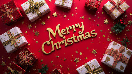 Wall Mural - festive red background with golden merry christmas text surrounded by beautifully wrapped gifts and 