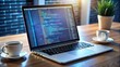© artisttop - Modern laptop is open on a desk showing programming code on the screen