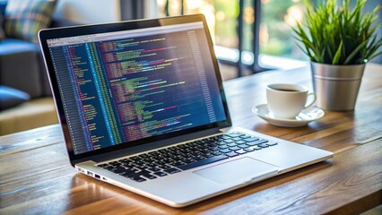 modern laptop is open on a desk showing programming code on the screen