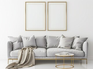 Modern minimalist living room interior with gray sofa, pillows, coffee table and two blank picture frames on the wall, 3D rendering