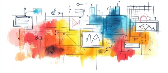 Sticker - abstract watercolor illustration with geometric shapes and lines, representing data, network, techno