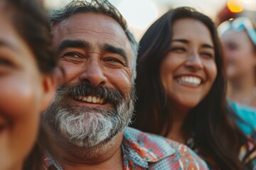 Portrait of a group of happy friends having fun together at a music festival.