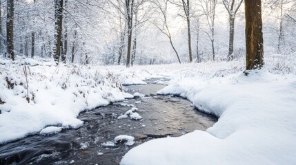 Leinwandbilder - A stream flows gently through a serene winter forest, surrounded by snow-laden trees. The soft light of dawn creates a peaceful atmosphere in this pristine natural landscape.