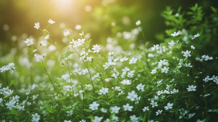 soft focused summer meadow featuring blooming small white flowers against a dark green spring backdr