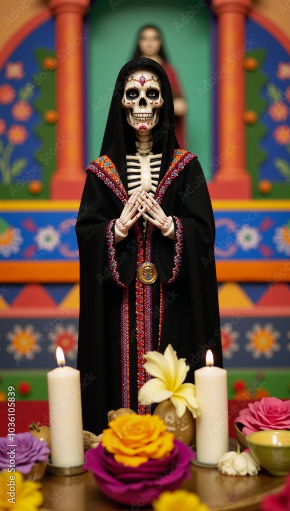 A depiction of La Santa Muerte as a skeletal figure with robed clothing