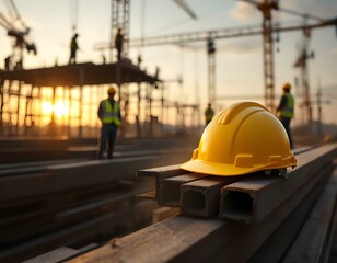 Construction Site with Hard Hat on Concrete Block, Tower Crane in Action, and Workers in Motion – Midday Sunlit Progress