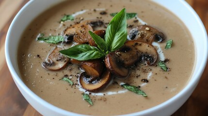 Creamy mushroom soup garnished with sauteed mushrooms and fresh basil