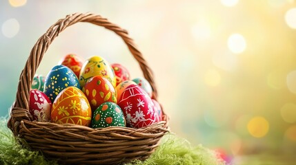 Vibrant hand painted Easter eggs arranged in a festive basket against a soft light backdrop