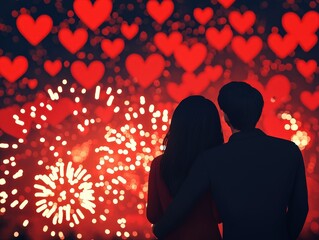 A romantic evening under fireworks celebrating love with hearts and light in the night sky