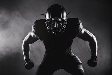 American Football Player in Shadow:  A powerful silhouette of an American football player in full gear, ready for action against a dark, smoky background.