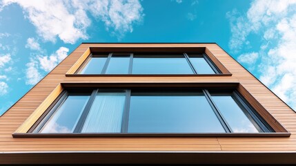 Wall Mural - Modern vertical windows on a residential facade featuring wooden accents set against a backdrop of the sky