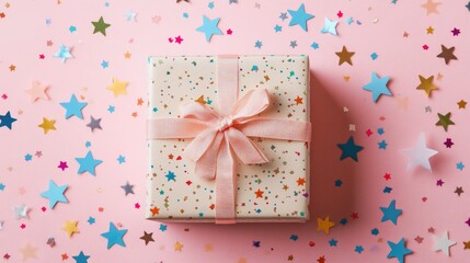 Gift box surrounded by star confetti on a pink tabletop Flat lay composition suitable for celebrations like birthdays holidays or weddings